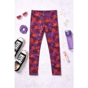 Kids Floral Print Leggings All Over Flower Pattern Red Purple Orange